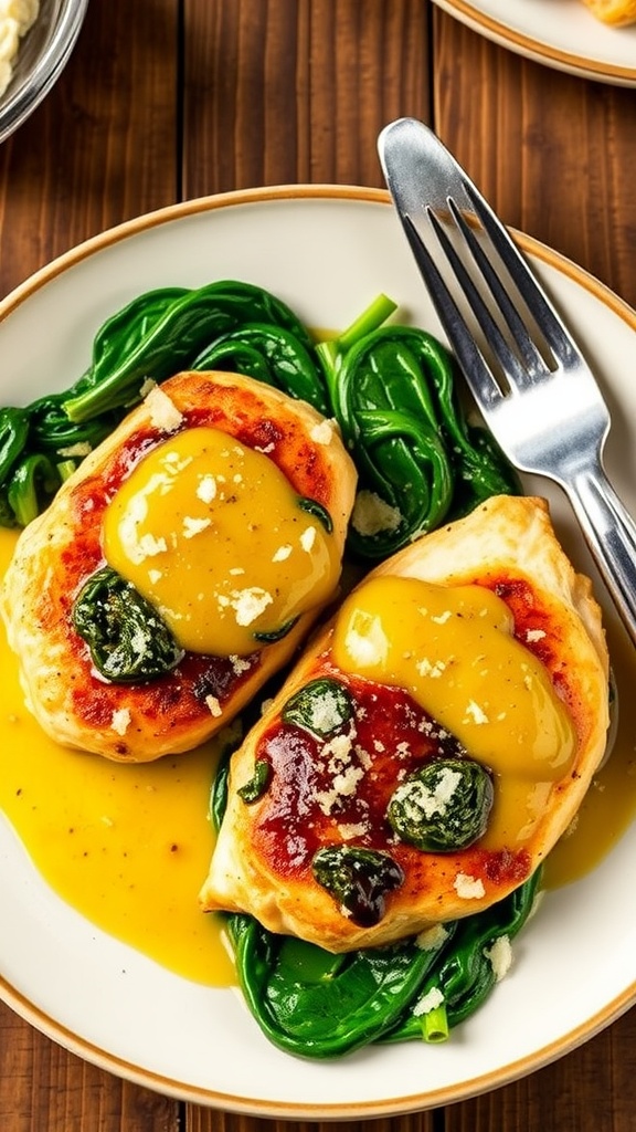 Plated Garlic Butter Chicken Florentine with spinach and parmesan on a rustic table.