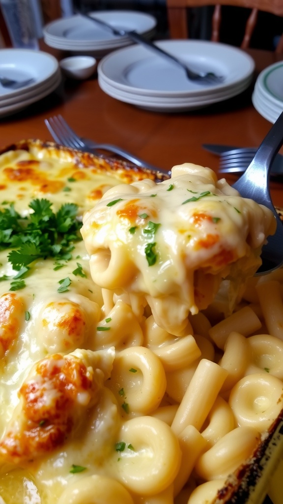 Cheesy Chicken Alfredo Pasta Bake in a rustic dish, topped with melted cheese and parsley, on a cozy dining table.