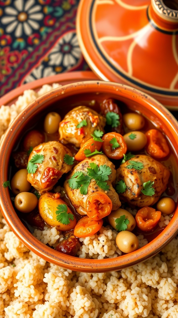 A bowl of Spiced Moroccan Chicken Tagine with chicken thighs, apricots, olives, garnished with cilantro, served with couscous.