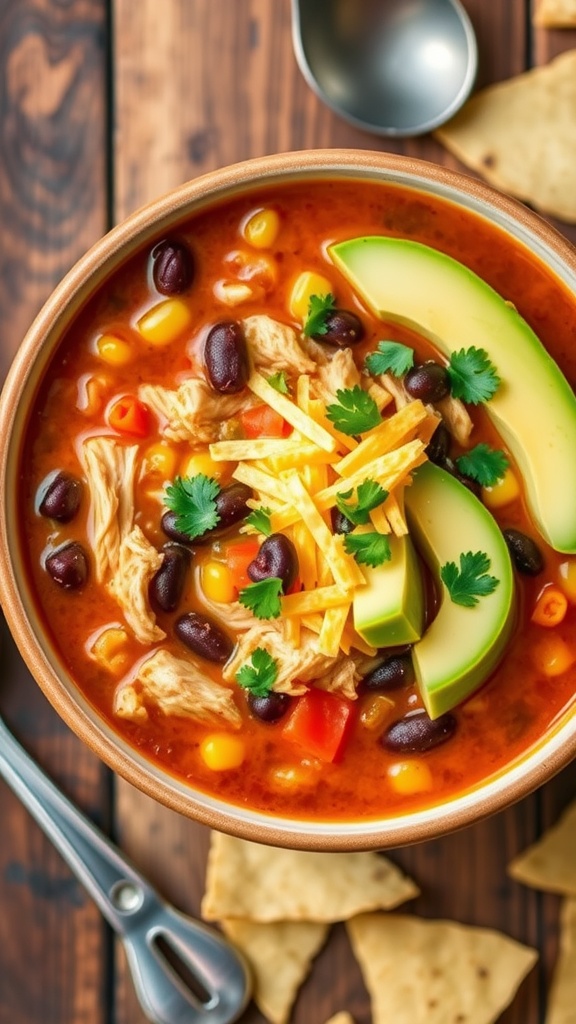 A bowl of colorful chicken taco soup with toppings, served with tortilla chips on a rustic table.