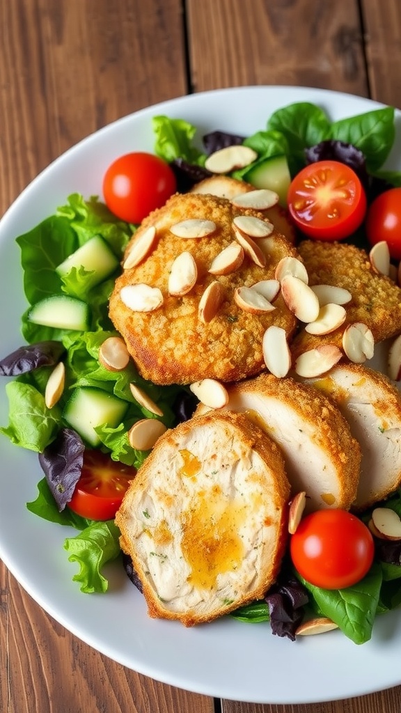 Almond-crusted chicken salad with mixed greens, cherry tomatoes, cucumber, and sliced almonds, served on a rustic table.