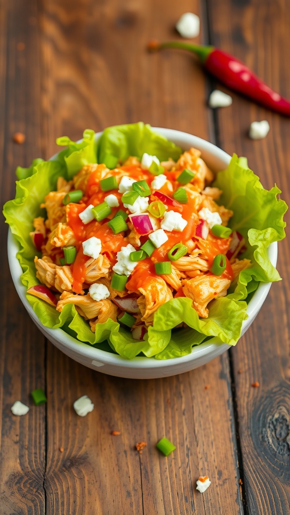 A spicy buffalo chicken salad served on lettuce leaves, garnished with blue cheese and green onions.