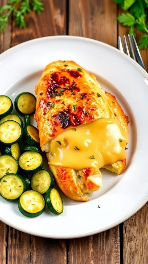 Cheddar-stuffed baked chicken breast with garlic butter zucchini, garnished with herbs, on a rustic table.