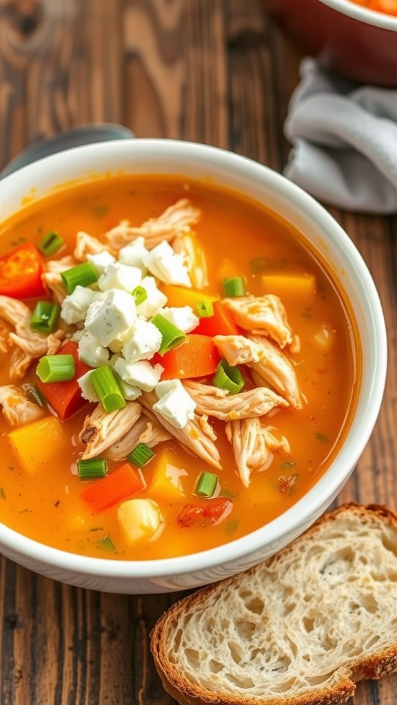 A cozy bowl of spicy Buffalo chicken soup with shredded chicken and vegetables, garnished with blue cheese and green onions, on a rustic table.