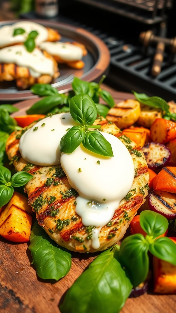 Grilled pesto chicken topped with mozzarella and fresh basil, served with grilled vegetables.