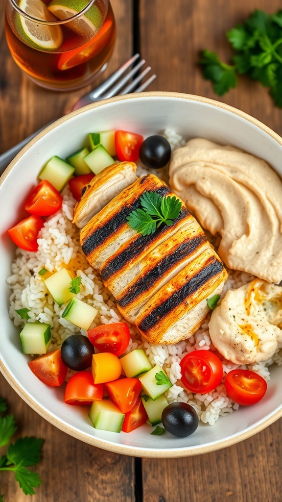 Mediterranean chicken bowl with rice, grilled chicken, cucumbers, tomatoes, olives, and hummus on a wooden table.