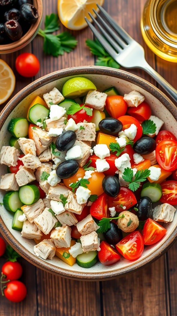 Mediterranean chicken salad with tomatoes, cucumbers, olives, and feta cheese in a rustic bowl.