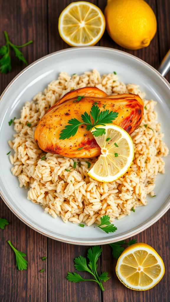 Lemon Herb Chicken with Rice Pilaf garnished with parsley and lemon, served on a rustic table.