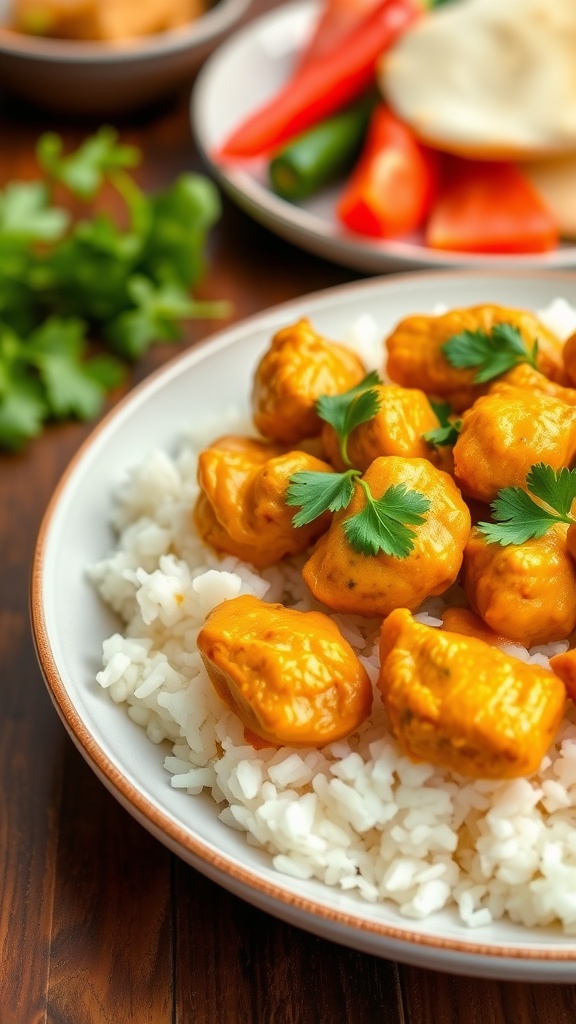 Curried chicken served on coconut rice, garnished with cilantro, against a warm background.