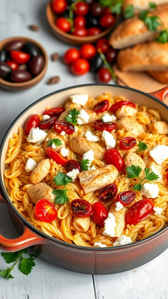 One-Pot Mediterranean Chicken and Orzo with Sun-Dried Tomatoes garnished with parsley and feta in a rustic pot.