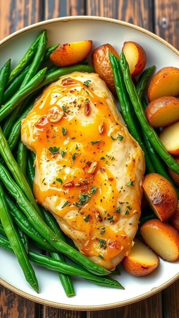 Honey mustard baked chicken breast with green beans and potatoes on a rustic wooden table.