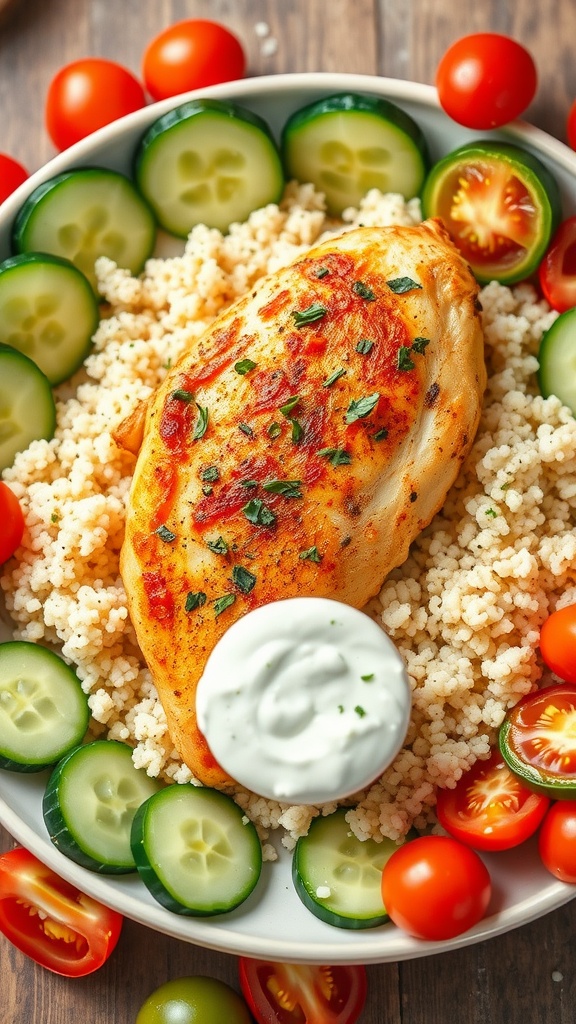 Mediterranean baked chicken breast with couscous and tzatziki, garnished with herbs and served with fresh veggies.