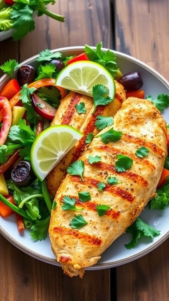 Golden crispy air fryer chicken breast garnished with cilantro and lime on a rustic table.