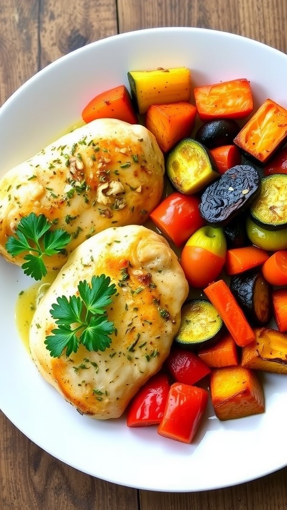 Baked chicken breast with garlic and herbs on a plate, served with roasted mixed vegetables.