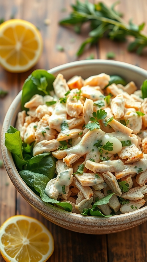 Creamy garlic herb chicken salad with shredded chicken and herbs in a rustic bowl, garnished with lemon and greens.