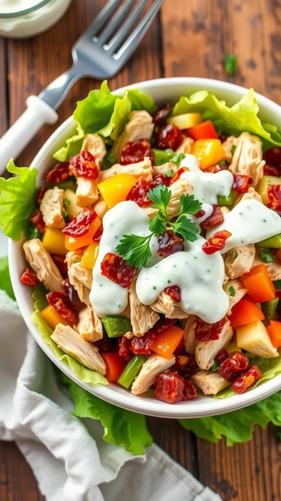 Bacon Ranch Chicken Salad with chicken, bacon, and vegetables on lettuce leaves, styled on a wooden table.