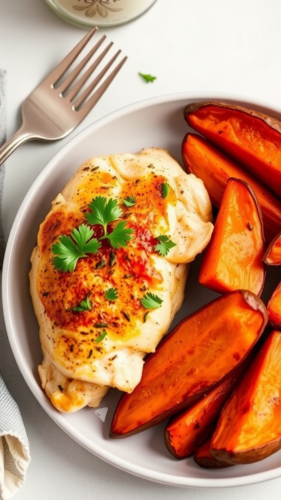 Paprika spiced baked chicken breast with sweet potato wedges, garnished with parsley, served on a plate.