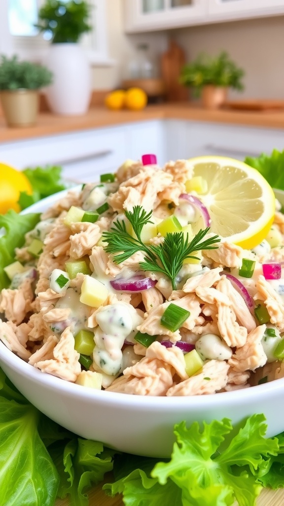 A bowl of lemon dill chicken salad with shredded chicken, celery, and red onion, garnished with dill and lemon slices.