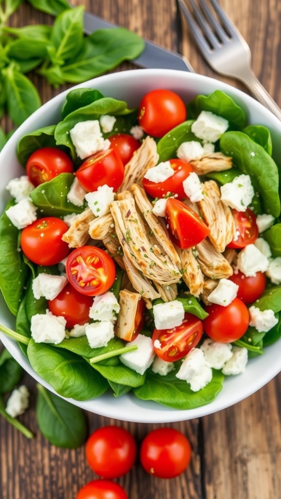 A colorful Spinach and Feta Chicken Salad with chicken, spinach, tomatoes, and feta cheese in a bowl.