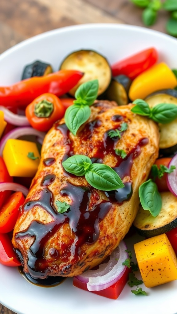 Balsamic glazed chicken breast with roasted Mediterranean vegetables on a rustic table.