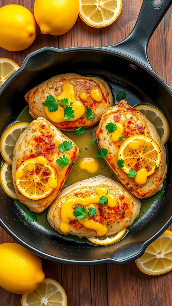 Low-Carb Lemon Herb Chicken Skillet with lemon slices and fresh parsley on a rustic kitchen table.