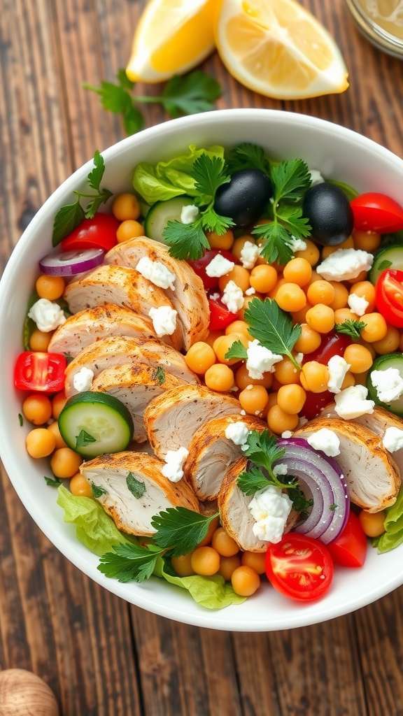 Mediterranean chicken salad with chickpeas, cucumber, tomatoes, red onion, and feta cheese in a bowl.