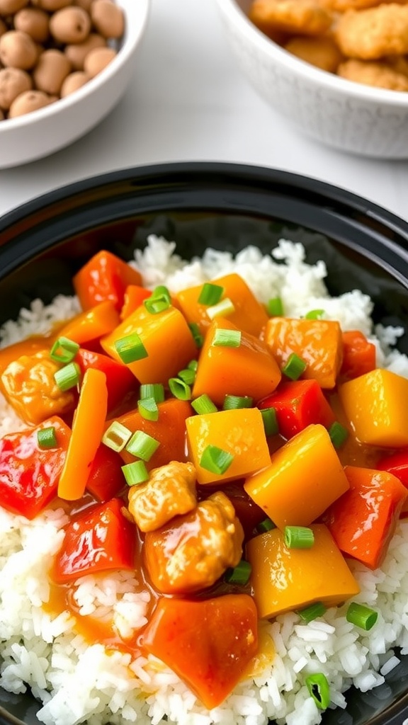 A bowl of sweet and sour chicken with rice, garnished with green onions, on a warm dining table.