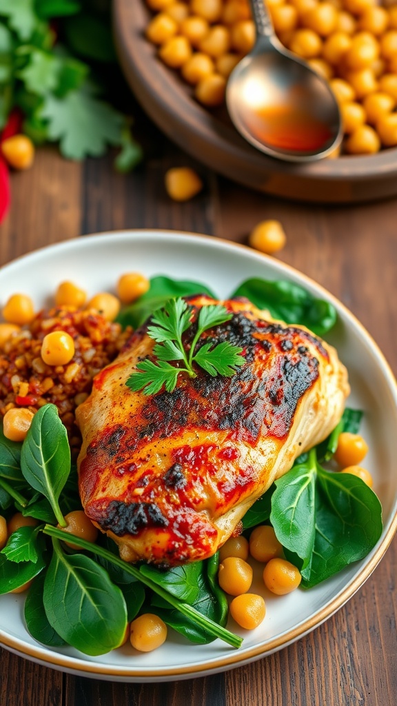 A plate of Smoky Paprika Chicken with spinach and chickpeas, garnished with parsley on a rustic table.