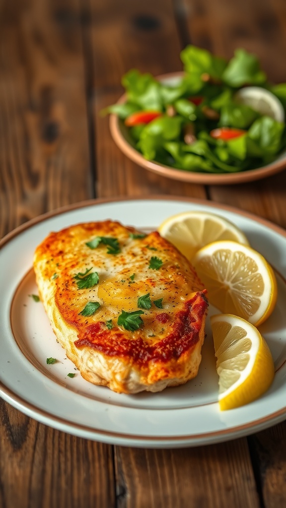 Crispy Chicken Milanese garnished with parsley and lemon on a rustic table with a side salad.