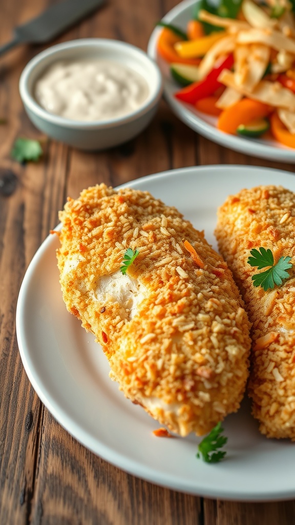 Crispy coconut crusted chicken on a plate, garnished with parsley, with a bowl of sauce and salad in the background.