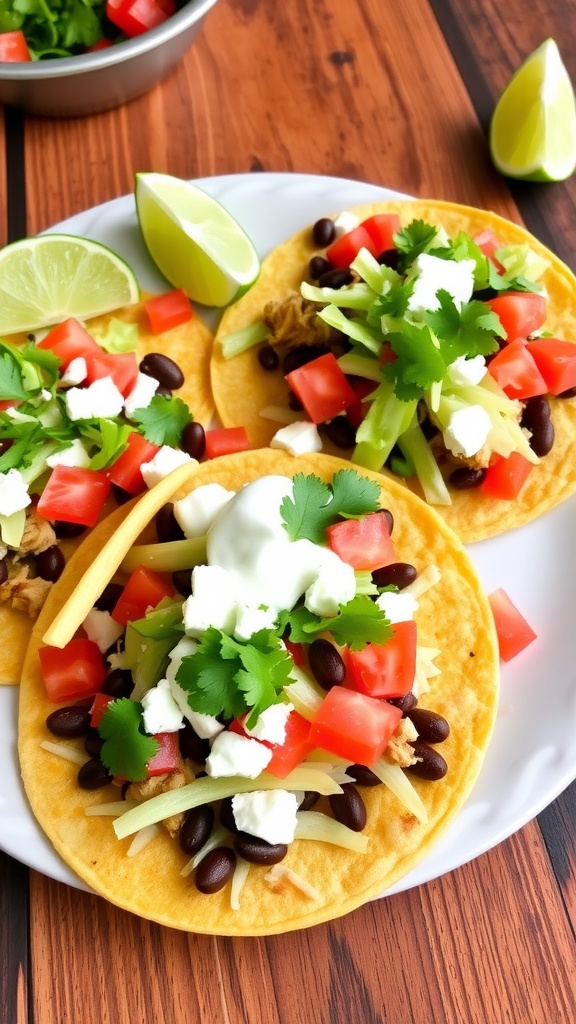 A colorful serving of chicken sopes with refried beans, garnished with lettuce, tomato, queso fresco, and cilantro on a rustic table.