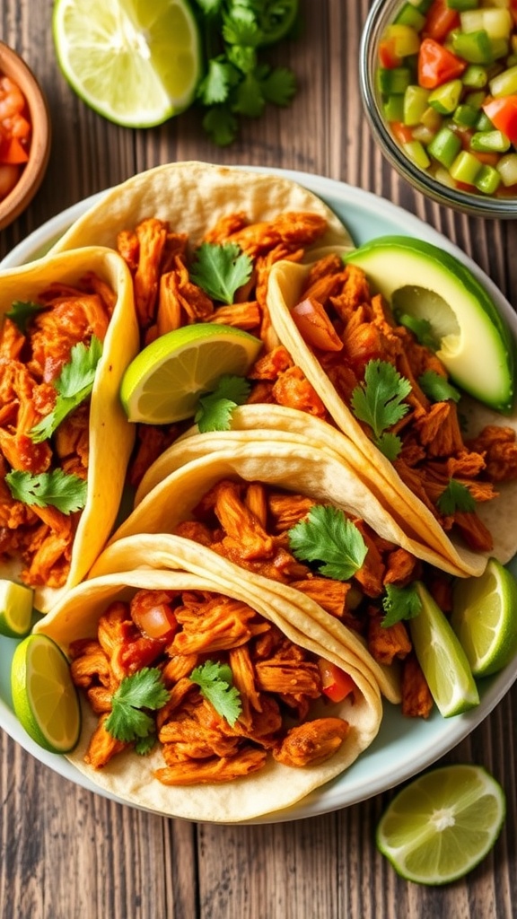 Delicious Chicken Tinga Tacos with avocado and cilantro, served with lime and salsa on a rustic plate.