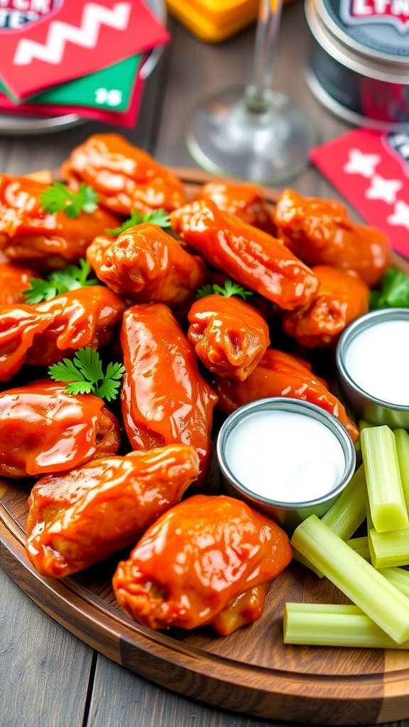 Crispy Buffalo air fryer chicken wings with ranch dressing and celery on a wooden platter, set in a festive game day atmosphere.