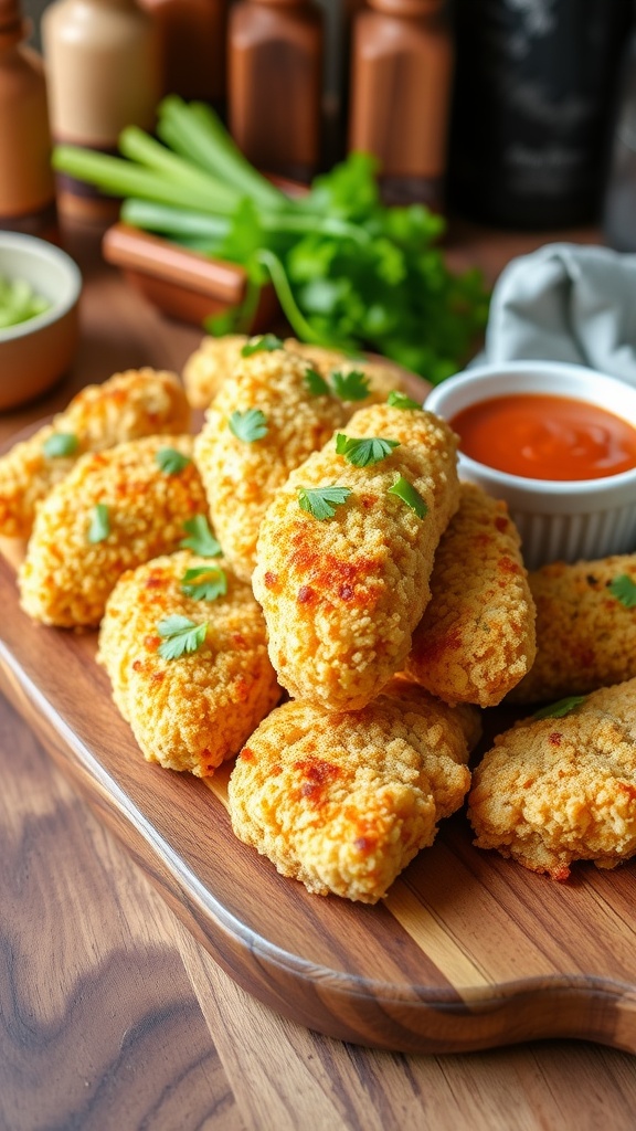 Everything bagel-crusted chicken tenders on a platter with dipping sauce, garnished with parsley.