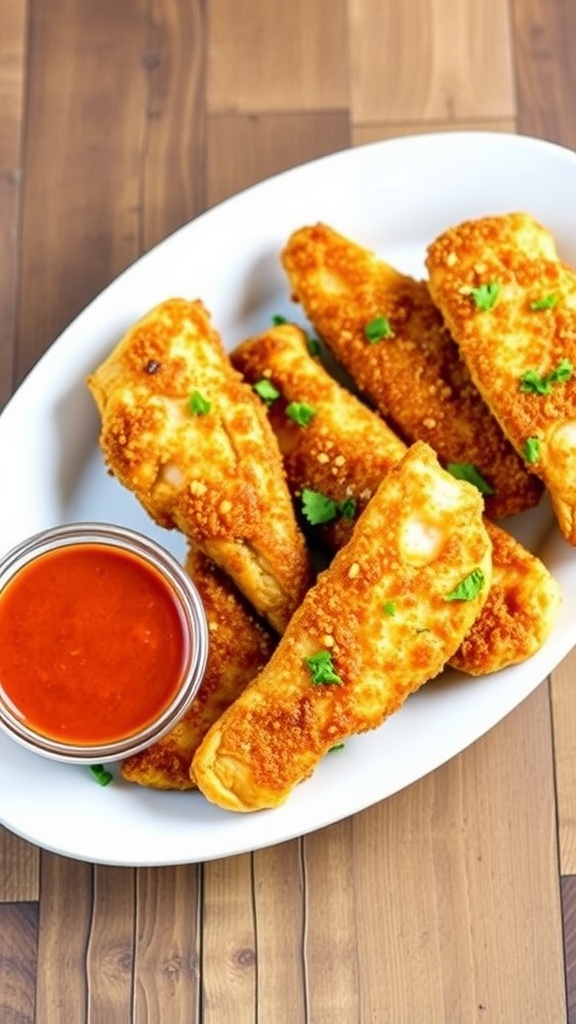 Crispy chicken tenders, garnished with parsley, served with a spicy dipping sauce on a rustic wooden table.