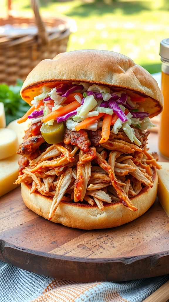 BBQ chicken sandwich with coleslaw on a rustic plate, garnished with pickles, in a sunny picnic setting.