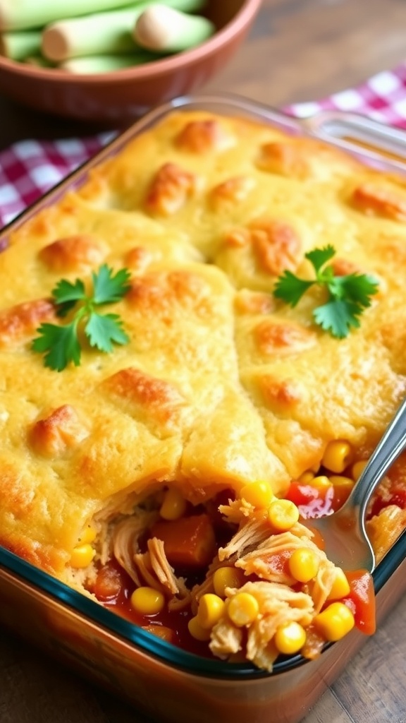 BBQ Chicken and Cornbread Casserole in a baking dish, topped with golden cornbread and garnished with parsley.