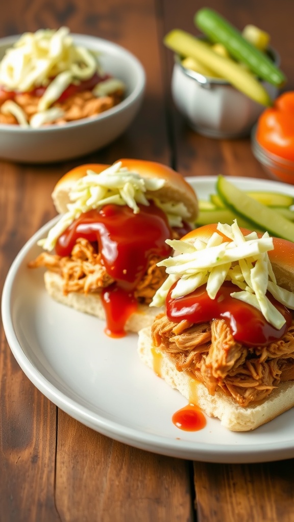 BBQ Pulled Chicken Sliders with coleslaw and pickles on a rustic wooden table.