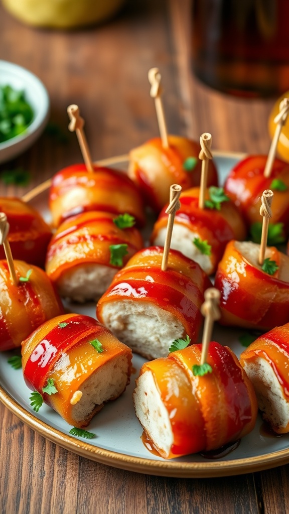 Crispy bacon-wrapped chicken bites with maple glaze on a plate, garnished with parsley.