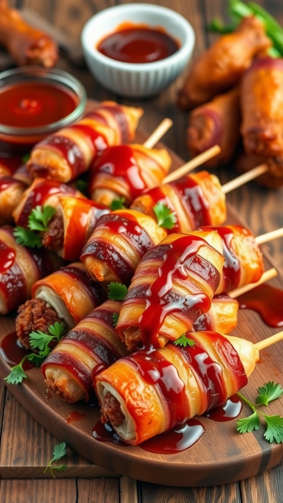 Bacon-wrapped chicken lollipops garnished with parsley and served with BBQ sauce on a wooden table.