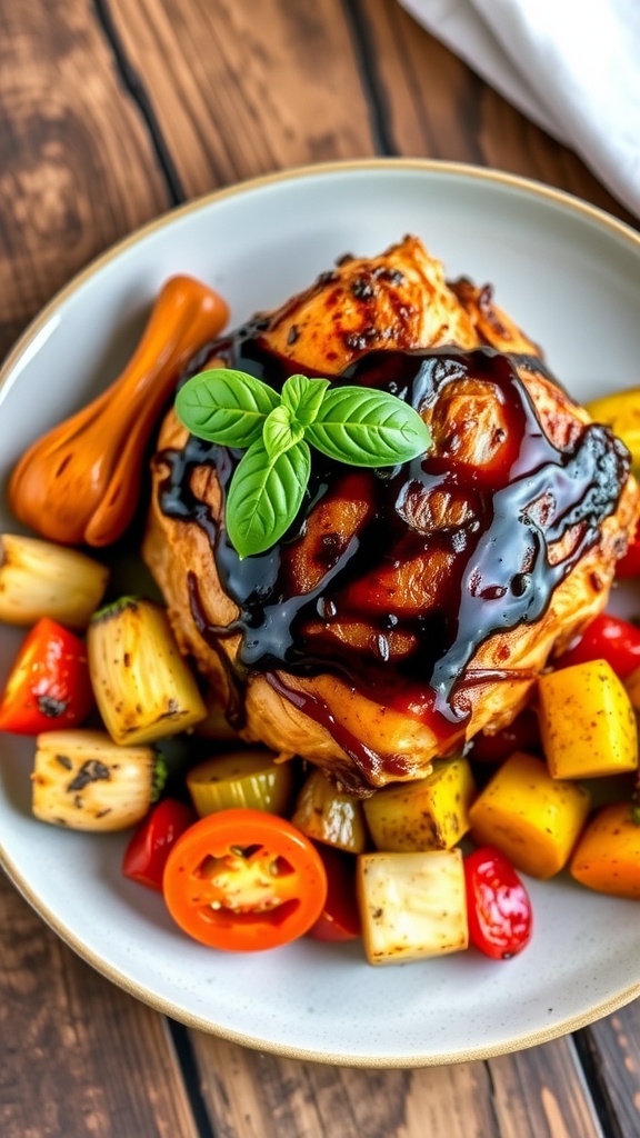 Balsamic Glazed Chicken on a plate with roasted vegetables and basil garnish.