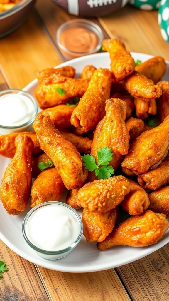 Crispy beer-battered air fryer chicken wings with dipping sauces on a rustic table.