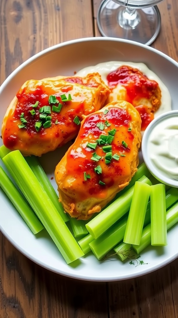 Buffalo baked chicken breast with celery sticks and ranch dressing on a rustic table.