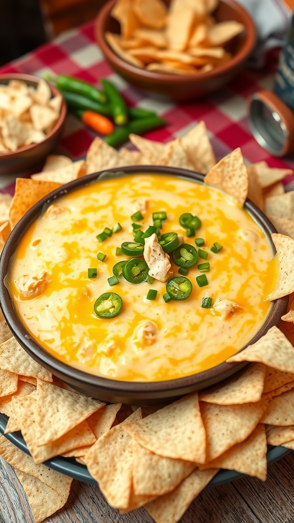 Cheesy Chicken Queso Dip in a bowl with tortilla chips, garnished with green chilies.