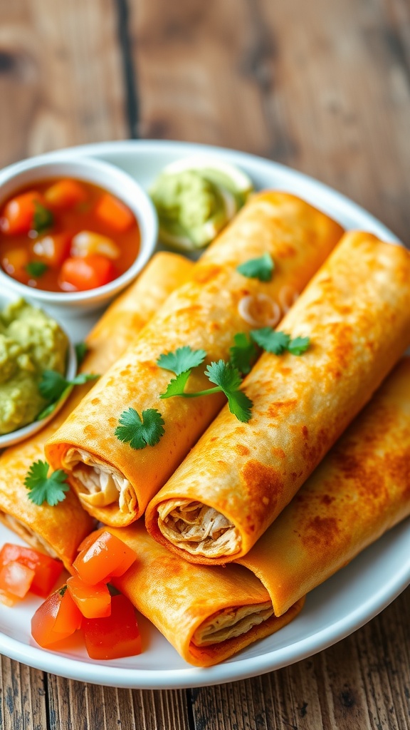 Golden brown chicken flautas on a platter with salsa and guacamole, garnished with cilantro.