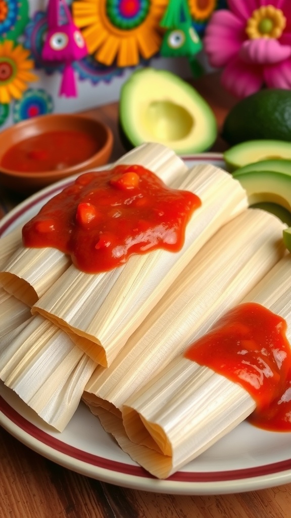 Plate of chicken tamales topped with red chile sauce, garnished with avocado slices, on a colorful Mexican-themed table.