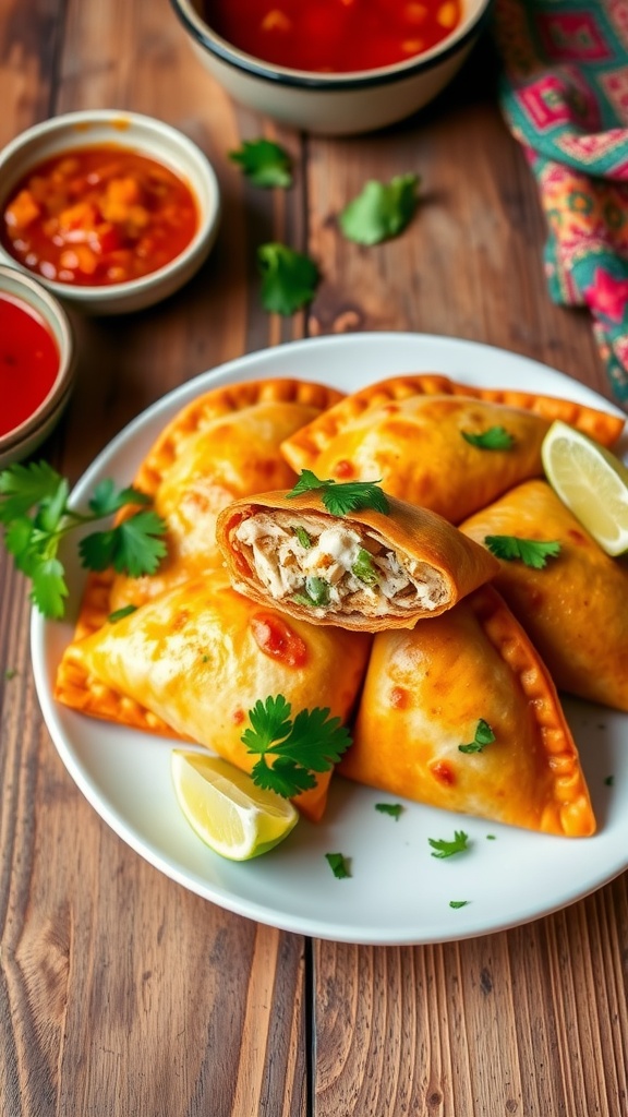 Golden chicken and cheese empanadas on a plate, garnished with cilantro and lime, with a side of salsa.