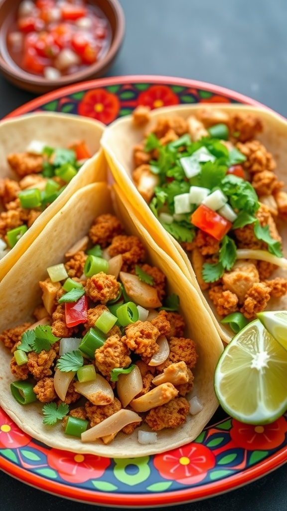 A plate of chicken and chorizo tacos garnished with cilantro and onions, with lime and salsa on the side.