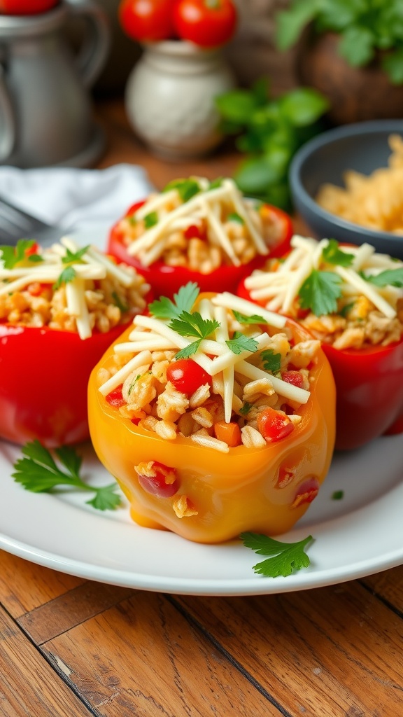 Stuffed bell peppers filled with chicken and rice, topped with cheese, garnished with parsley on a rustic kitchen table.