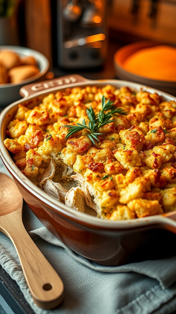 A golden brown chicken and stuffing casserole in a rustic dish, garnished with herbs, ready to serve.